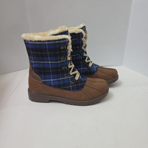 Unbranded Shoes - Plaid Lace-Up Winter Duck Boots w/ Faux Fur Lining Size 9.5 Brown & Blue